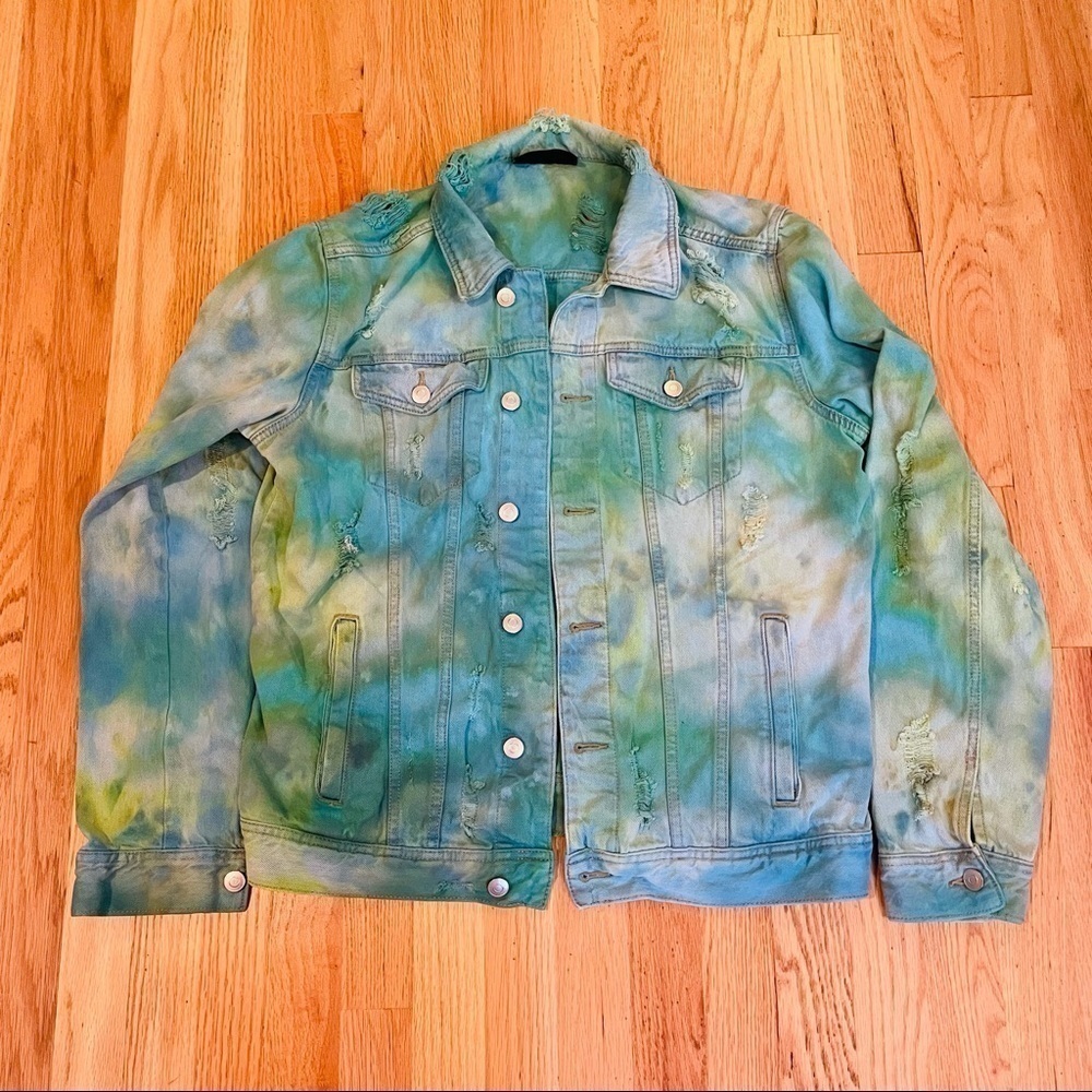 Festival Hand tie dyed distressed ripped jean jacket M - Picture 3 of 14